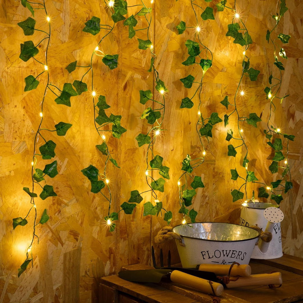 2 Pack 6.56FT Vines with Lights, Fake Ivy String Lights Battery Operated, 20 LEDs Green Leaf Lights with 8 Modes, Artificial Vines with Fairy Lights for Bedroom Wall Garden Party Decor