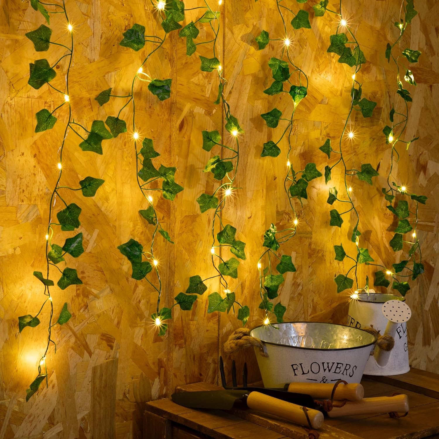 2 Pack 6.56FT Vines with Lights, Fake Ivy String Lights Battery Operated, 20 LEDs Green Leaf Lights with 8 Modes, Artificial Vines with Fairy Lights for Bedroom Wall Garden Party Decor