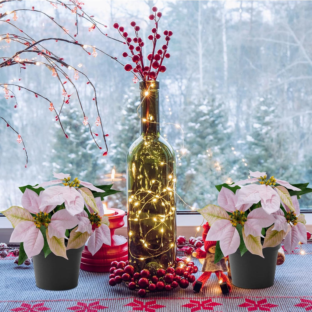 2 Pack Poinsettias Artificial Christmas Flowers Small Pink Poinsettia Plant Artificial 9 Inch Faux Winter Flowers for Porch Home Garden Decorations Indoor Outdoor Xmas Ornament