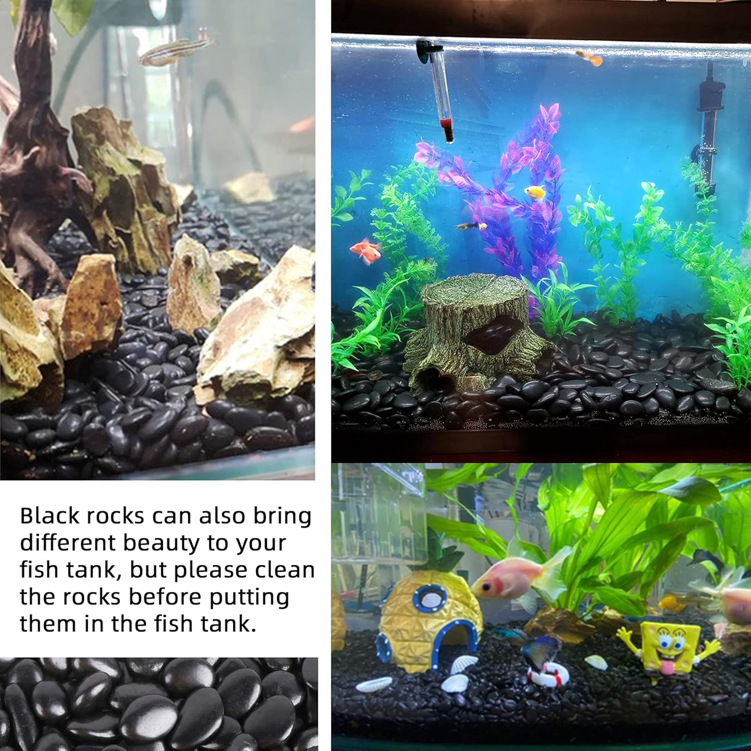 Black Pebbles for Plants 1.8lb Bulk Bag Aquarium Gravel 0.8"- 1.2" Decorative Polished Fish Tank Stone