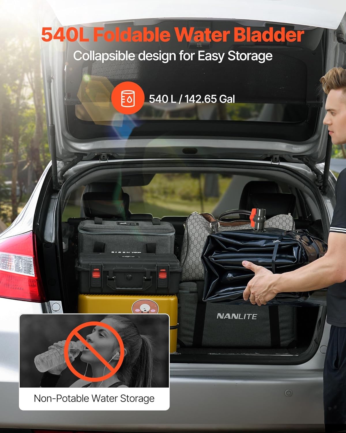 VEVOR Water Storage Bladder, 142.7 Gallon (540L) Water Storage Container Tank, 1000D PVC Large Capacity Soft Bag Bladder, Collapsible Portable for Garden Irrigation, Camping, RV, Emergency Use - Black