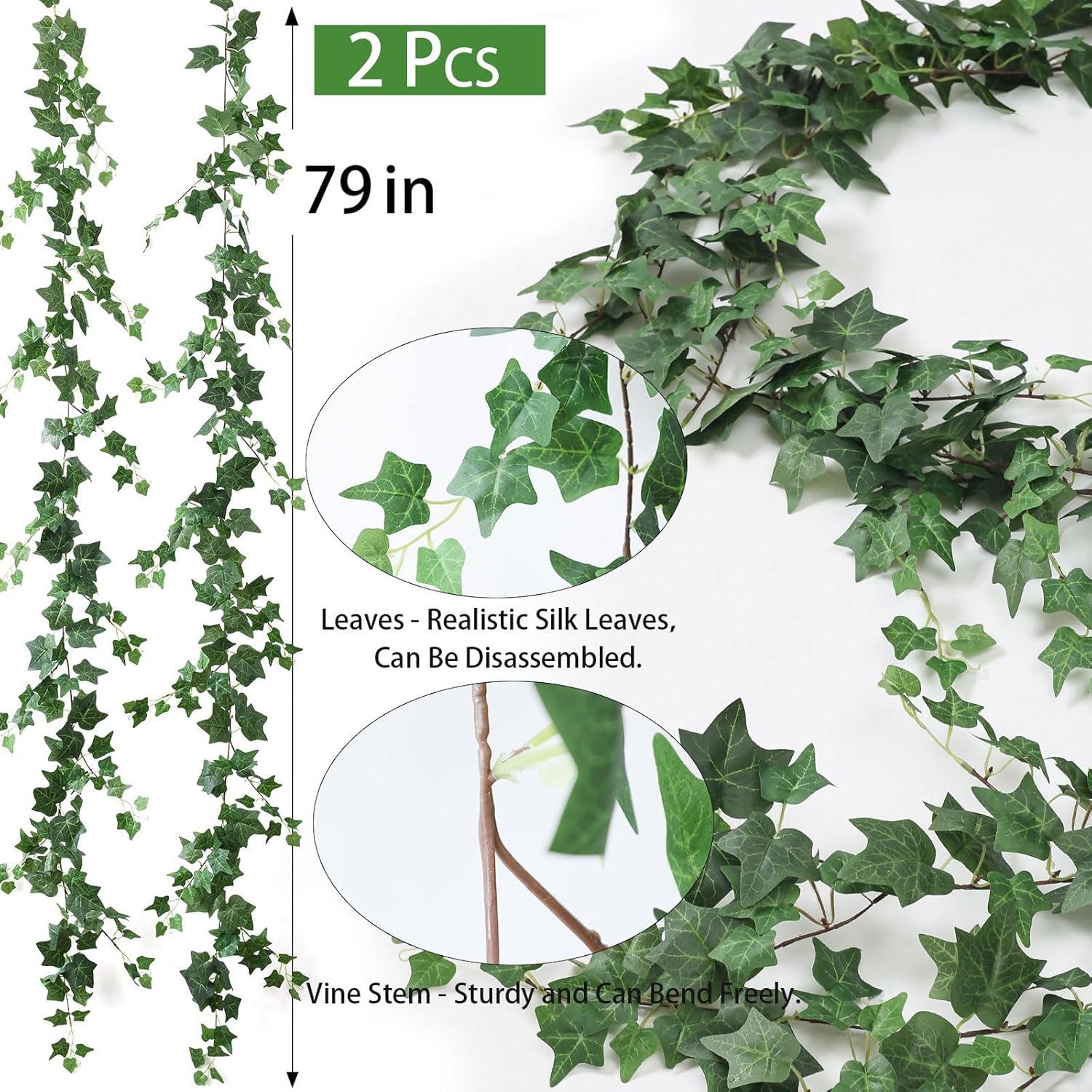 mizii 2 Strands Artificial Vines Ivy Garland 79" Fake Vine with Silk Green Leaves Faux Hanging Plants Greenery Decoration for Outdoors Party Wedding Indoor Mantle Bedroom Home Decor (Ivy)