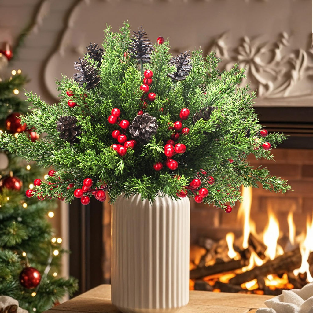 68 Pcs Christmas Decorations Artificial Pine Greenery Picks with Pinecones & Berries, Fake Snowy Mixed Evergreen Branches for Holiday Xmas Tree Mantle Table Centerpiece Decor