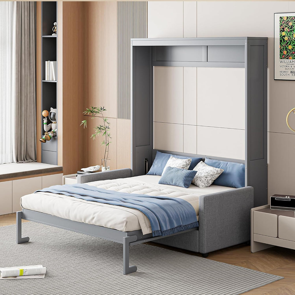MERITLINE Full Murphy Bed with Couch,Wood Murphy Bed Cabinet with Sofa,Fold up Bed Grey Murphy Wall Bed Full Size
