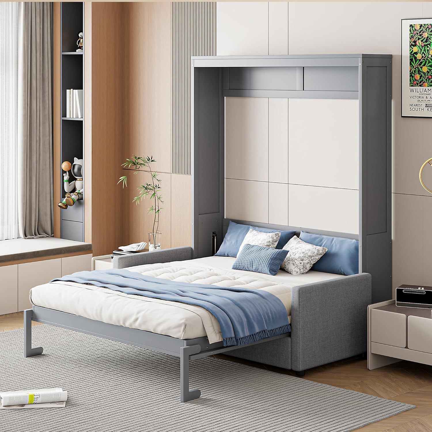 MERITLINE Full Murphy Bed with Couch,Wood Murphy Bed Cabinet with Sofa,Fold up Bed Grey Murphy Wall Bed Full Size