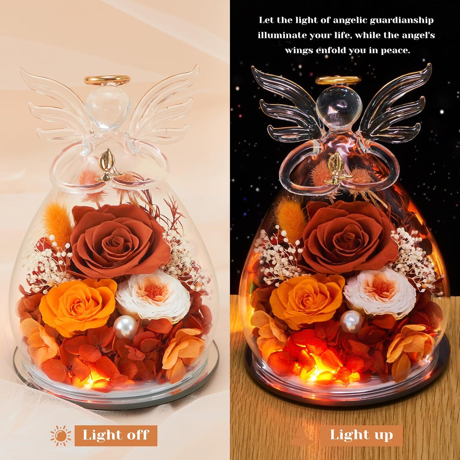 Gifts for Women Birthday Preserved Rose Forever Flower in Glass Angel Figurines Fresh Flowers for Delivery Prime for Mom Real Orange Roses for Grandma Sister Wife Her from Daughter