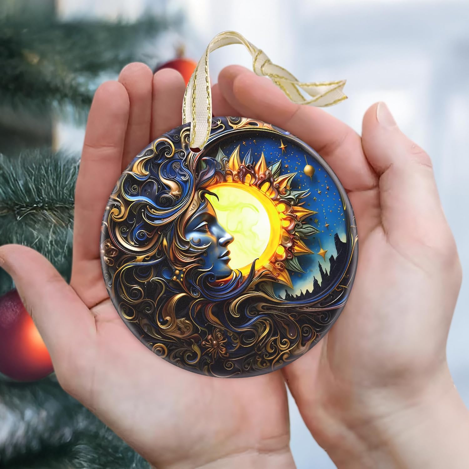 2025 Ornament, Christmas Ornaments, Round Ceramic, Christmas Decor, Holiday Ornament, Gift Idea, Gift Exchange, Gifts for Friends - Sun and Moon