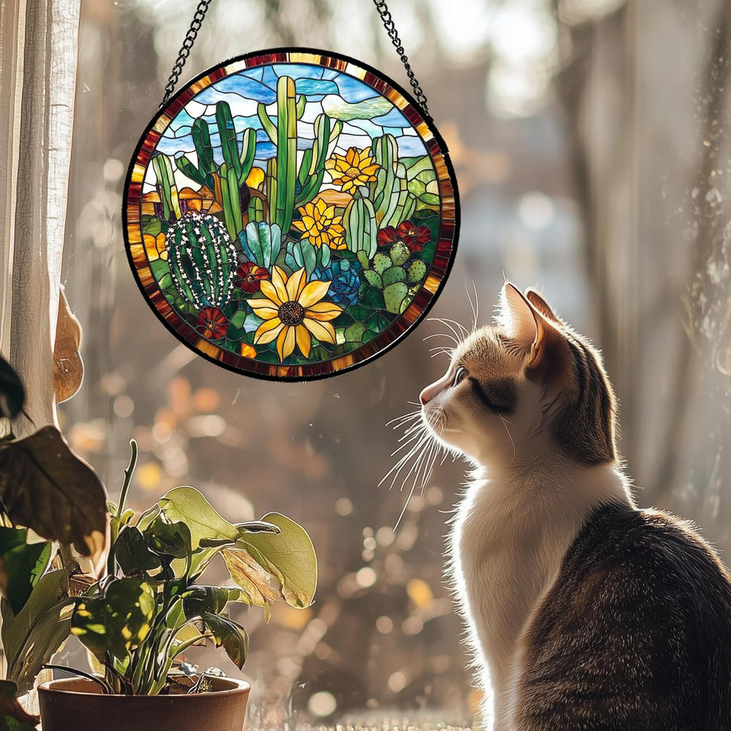 Stained Glass Window Hanging Green Cactus with Yellow Flowers Large 15" - Suncatcher Door Garden Sun Catcher Home Decor Birthday Christmas for Mom Men Woman Friend Nana