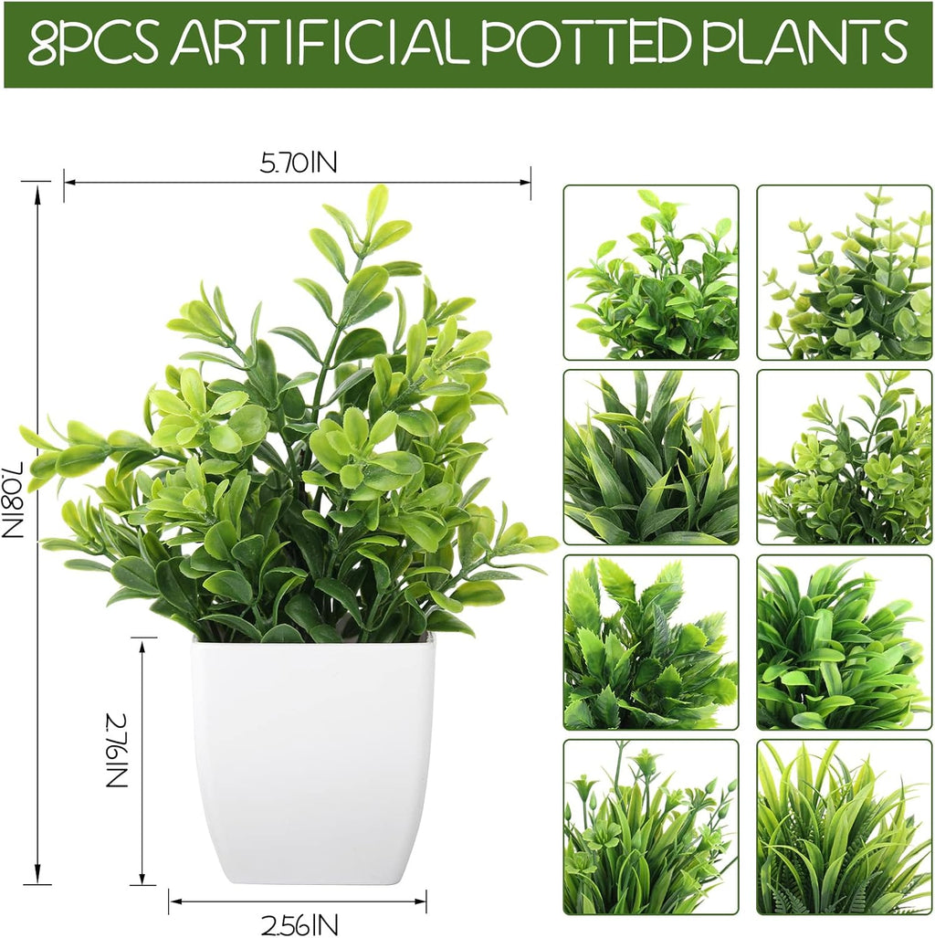 LELEE Artificial Plants Mini Fake Potted Plants, 8 pcs Small Eucalyptus Potted Faux Decorative Grass Plant with White Pot for Home Decor, Indoor, Office, Desk, Shelf, Table Decoration