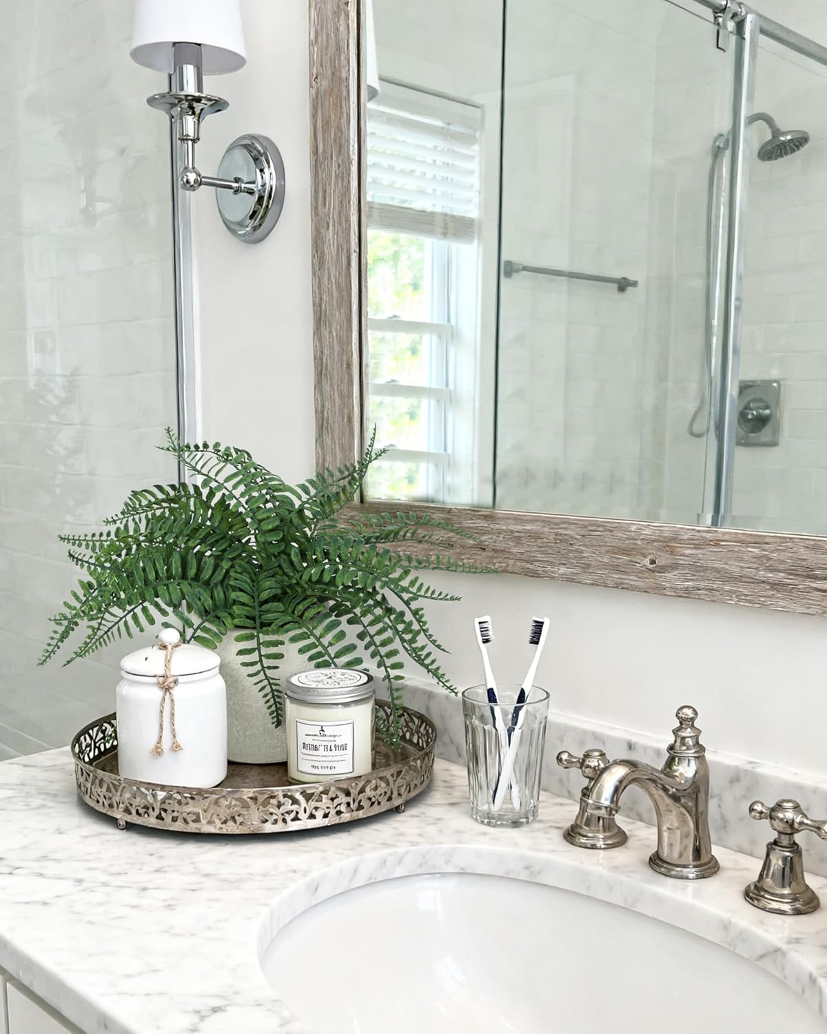 Small Fake Plant 12.5" Fern Potted Artificial Plants for Shelf Home Bathroom Office Decor(Gray Pot)