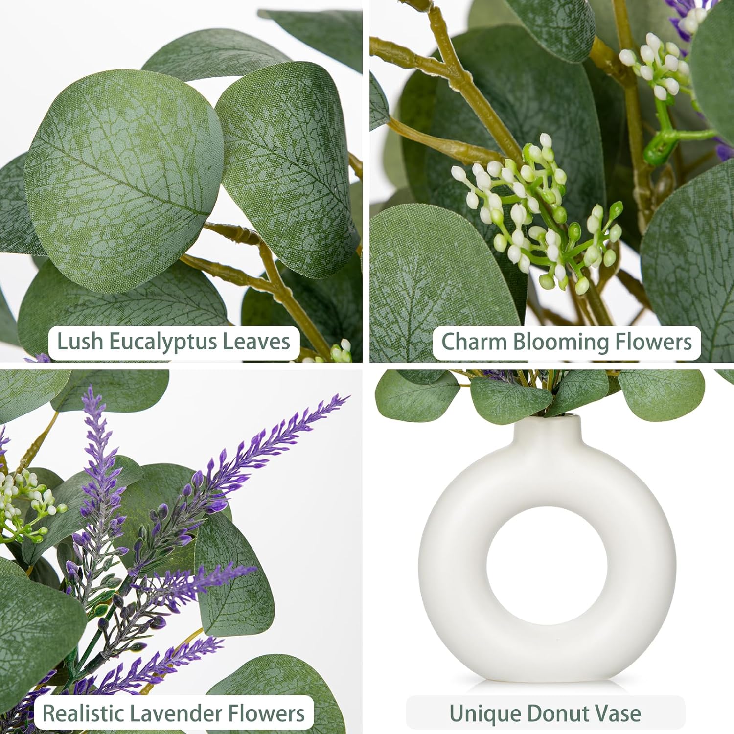 Artificial Eucalyptus Stems in Ceramic Vase 14.23" Fake Eucalyptus Plant Decor White Donut Vase with Greenery Centerpiece Table Decorations Small Faux Green Plant for Home Farmhouse Wedding Table