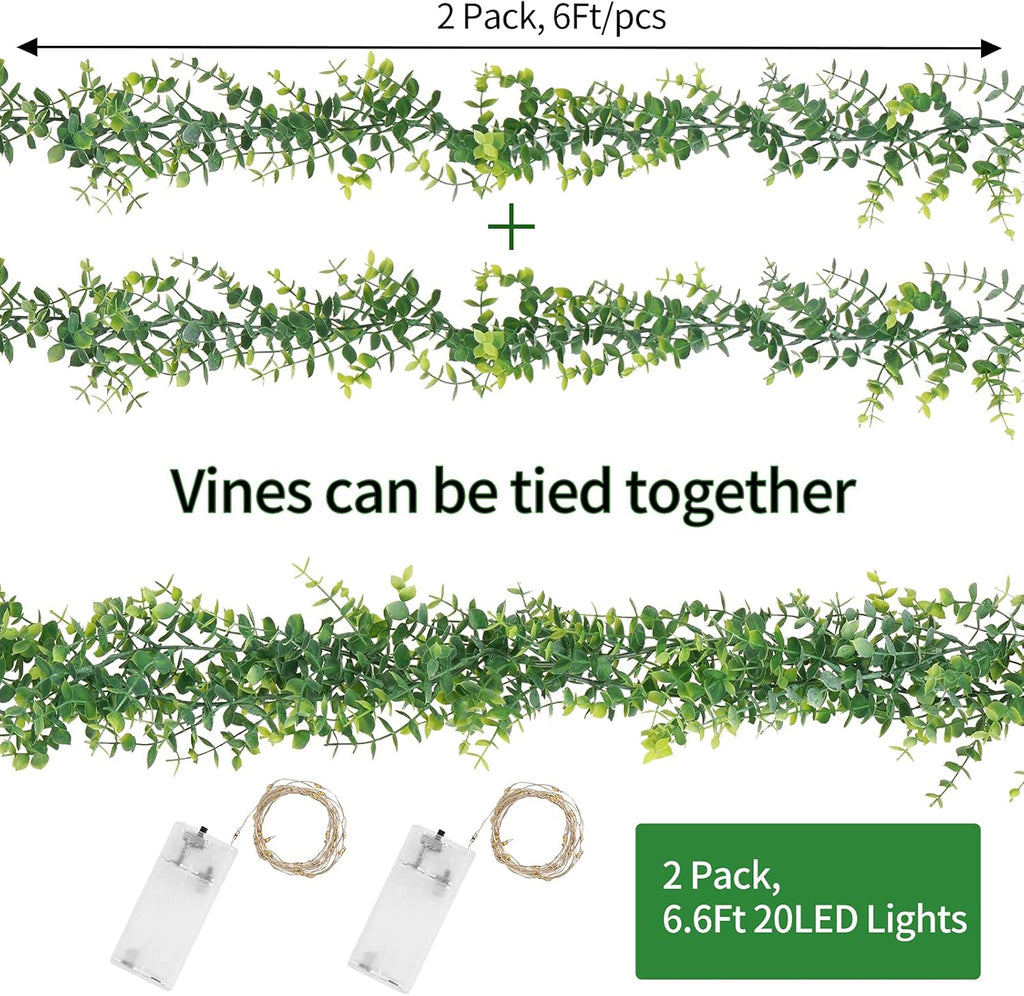 Artflower 2 Pack Artificial Eucalyptus Garland with Lights, 5.9Ft/pcs Faux Eucalyptus Vines Greenery Garland Fake Eucalyptus Plant for Wedding Backdrop Arch Wall Decor, Grey Green
