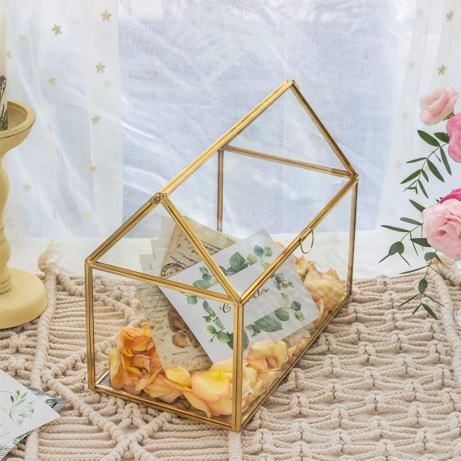 NCYP Glass Card Box for Wedding Reception - 10.2" x 5.9" x 8.2" House Shape Clear Terrarium Planter, Home Party Tabletop Decor, Centerpiece, Gold (Glass Box Only)