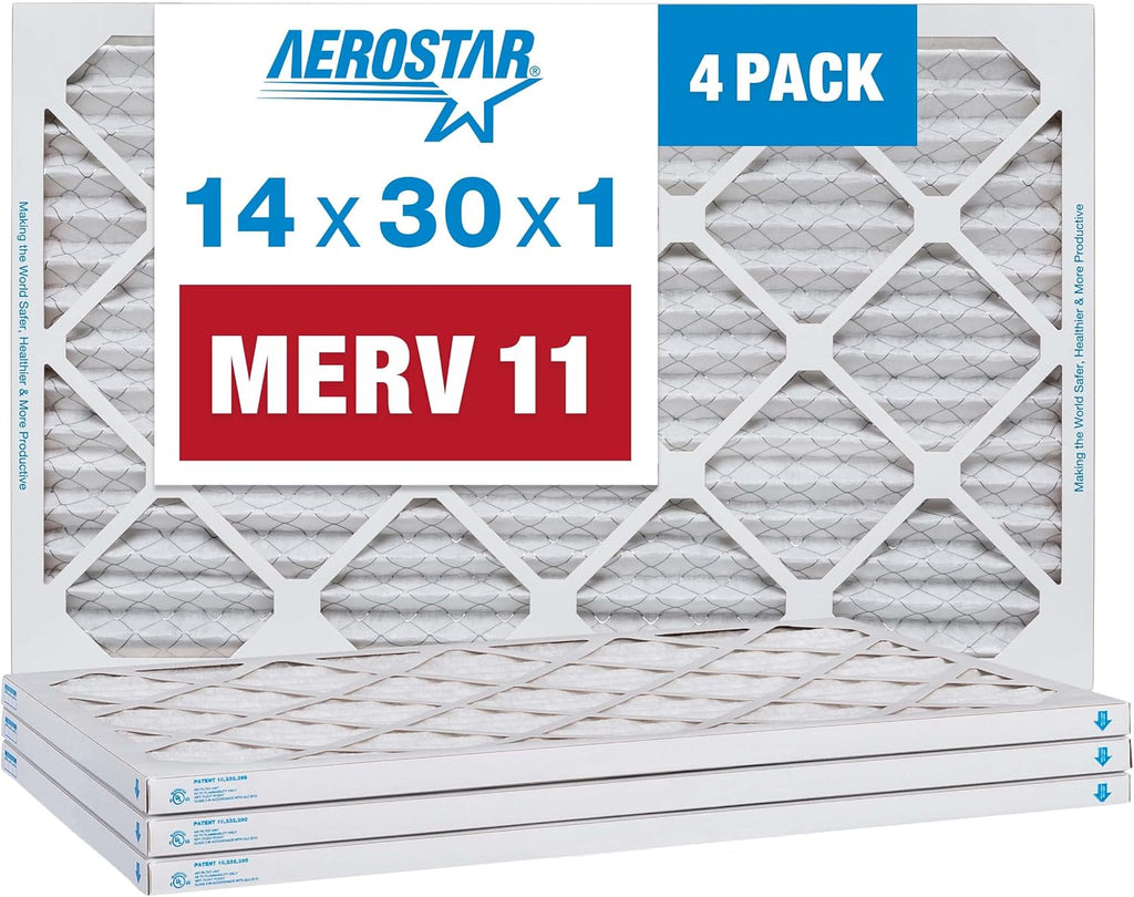 Aerostar 14x30x1 MERV 11 Pleated Air Filter, AC Furnace Air Filter, 4 Pack (Actual Size: 13 7/8" x 29 7/8" x 3/4")