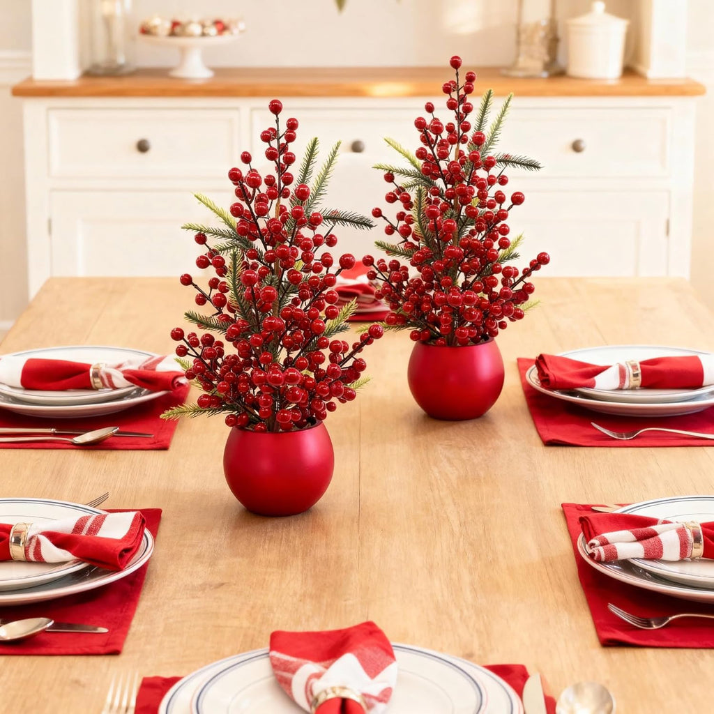 Set of 2 Small Artificial Christmas Berry Trees, 19 Inch Tabletop Holiday Decorations – Red Berry & Pine Mini Christmas Trees with Decorative Pot for Home, Office, Fireplace, Dining Table Winter Décor