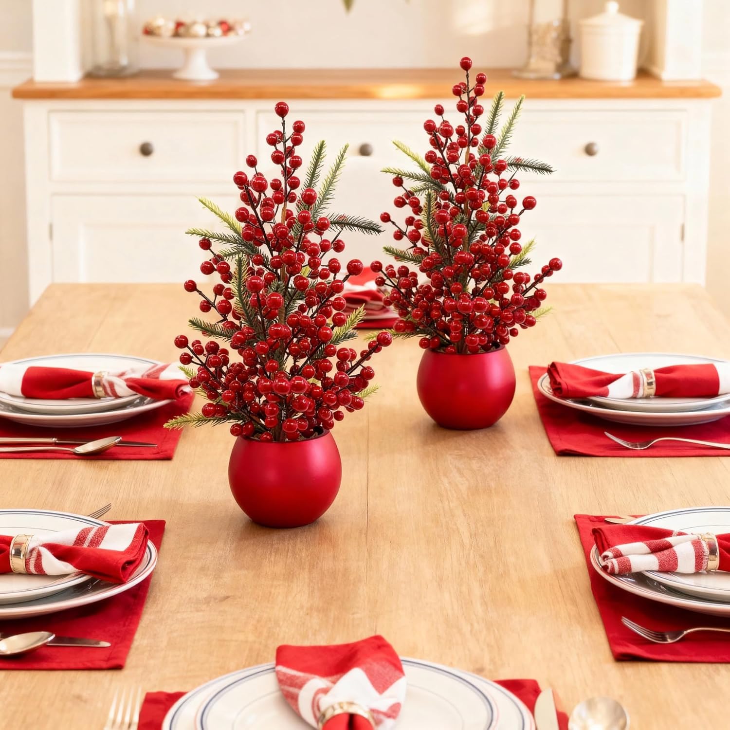 Set of 2 Small Artificial Christmas Berry Trees, 19 Inch Tabletop Holiday Decorations – Red Berry & Pine Mini Christmas Trees with Decorative Pot for Home, Office, Fireplace, Dining Table Winter Décor