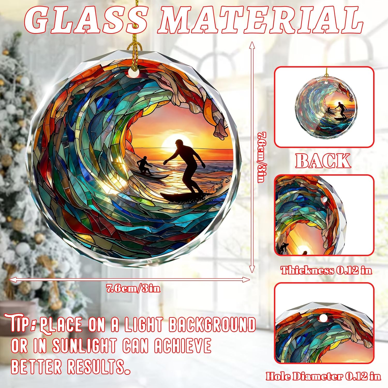 Surfing Stained Glass Ornament, Christmas Tree Decor, Surfing Ornaments for Christmas Tree, Holiday Presents, Gift Exchange
