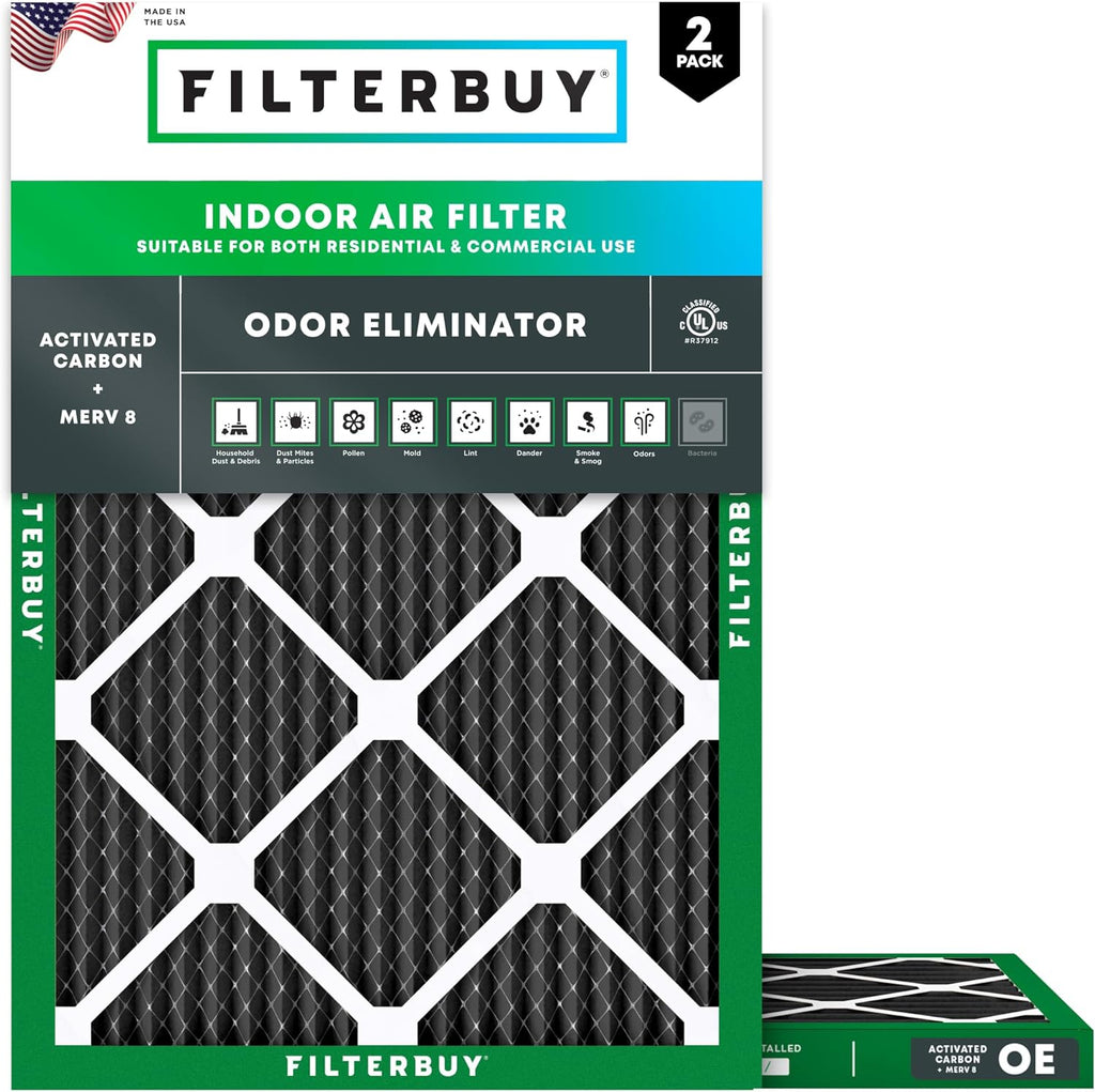 Filterbuy 18x24x1 Air Filter MERV 8 Odor & Allergy Defense with Activated Carbon (2-Pack), Electrostatic Pleated HVAC AC Furnace Filters Replacement, Made in USA (Actual Size: 17.38 x 23.38 x 0.75)