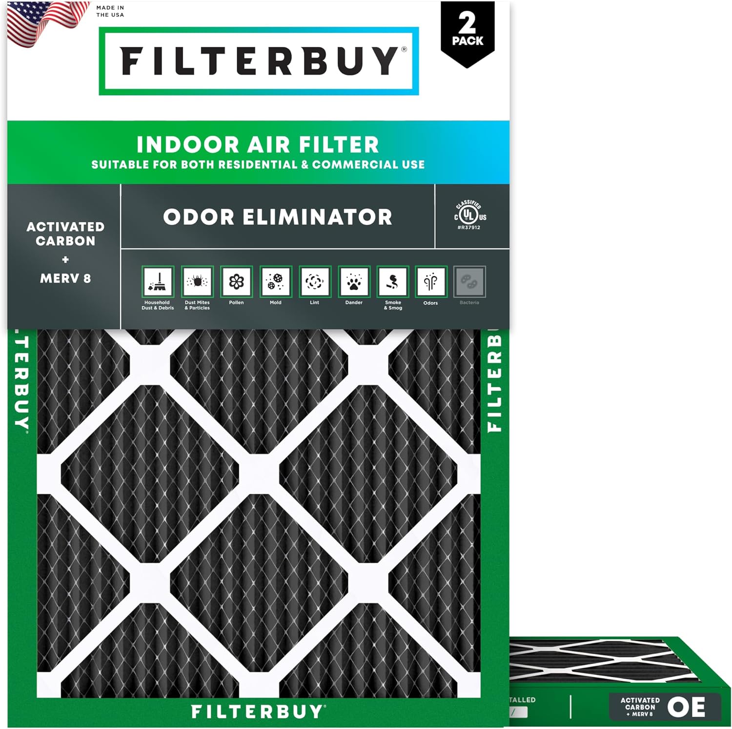 Filterbuy 18x24x1 Air Filter MERV 8 Odor & Allergy Defense with Activated Carbon (2-Pack), Electrostatic Pleated HVAC AC Furnace Filters Replacement, Made in USA (Actual Size: 17.38 x 23.38 x 0.75)