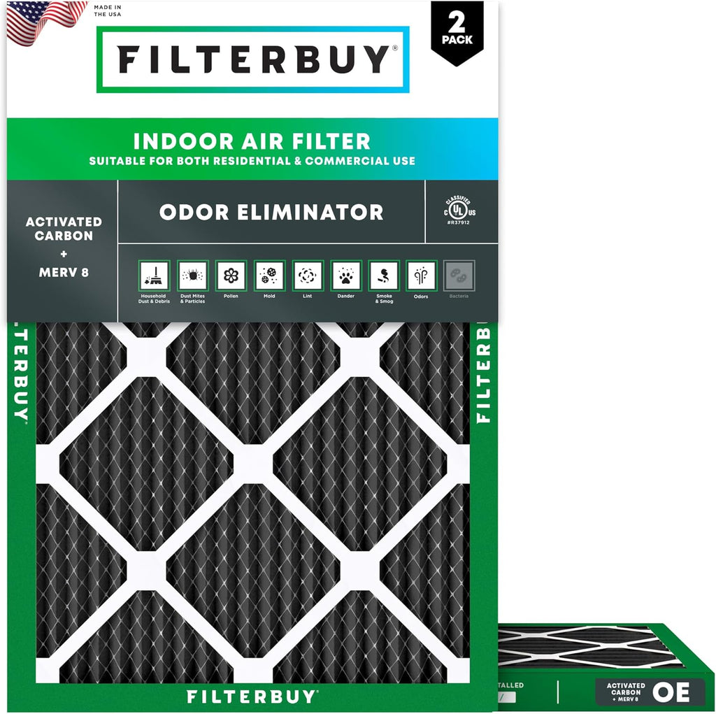 Filterbuy 20x22x1 Air Filter MERV 8 Odor & Allergy Defense with Activated Carbon (2-Pack), Electrostatic Pleated HVAC AC Furnace Filters Replacement, Made in USA (Actual Size: 19.50 x 21.50 x 0.75)