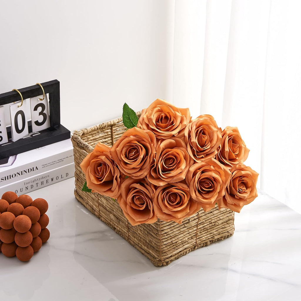 Artificial Rose 10pcs Open Flower Bouquet Faux Rose Stems for Wedding Arrangement, Bridal Bouquet, Centerpiece, Fake Faux Silk Flowers (Orange Terracotta)