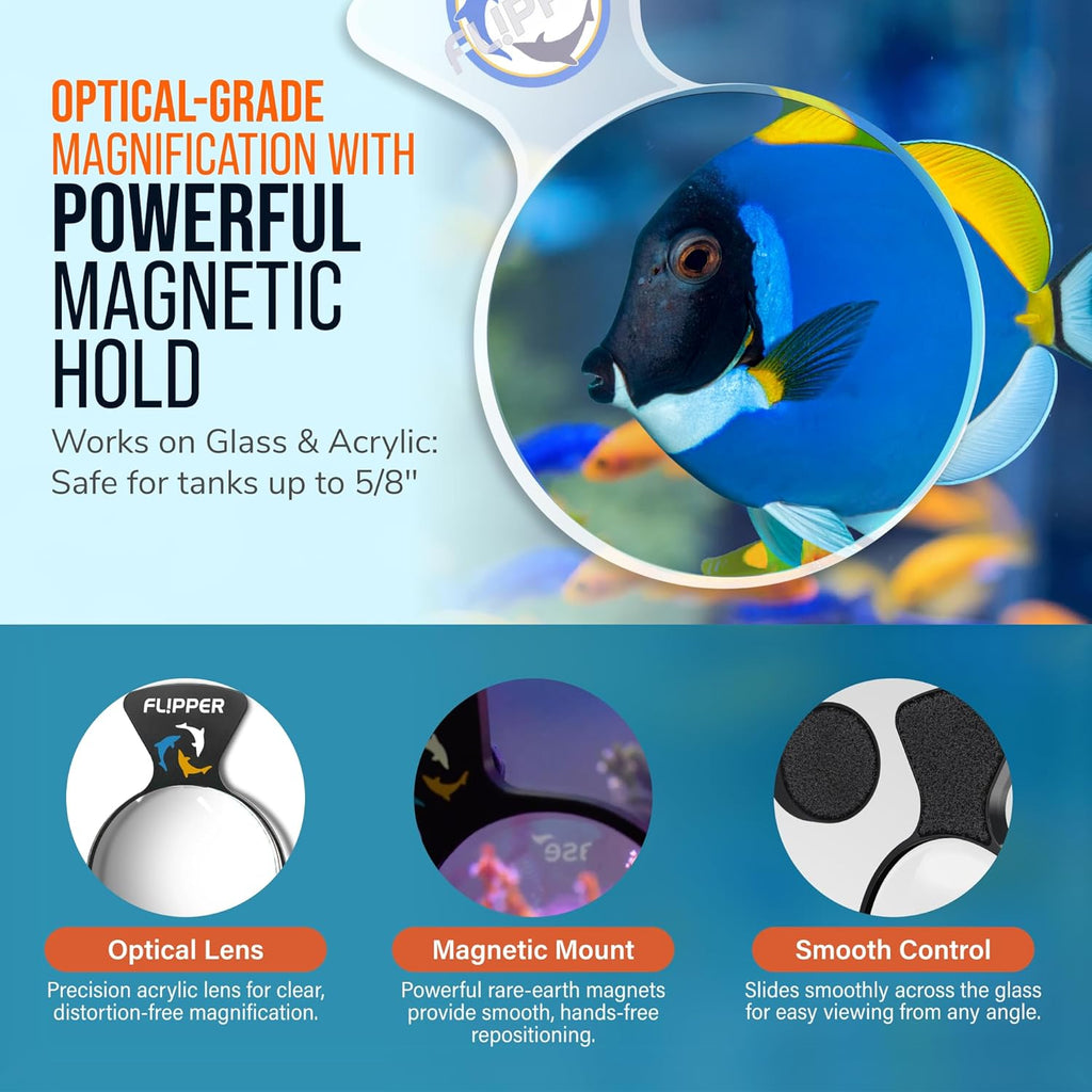 Flipper DeepSee 4" Magnetic Aquarium Viewer – Optical-Grade Magnifying Lens for Glass & Acrylic Tanks up to 5/8" Thick – Hands-Free Underwater Viewing for Fish, Corals & Aquarium Photography – Clear