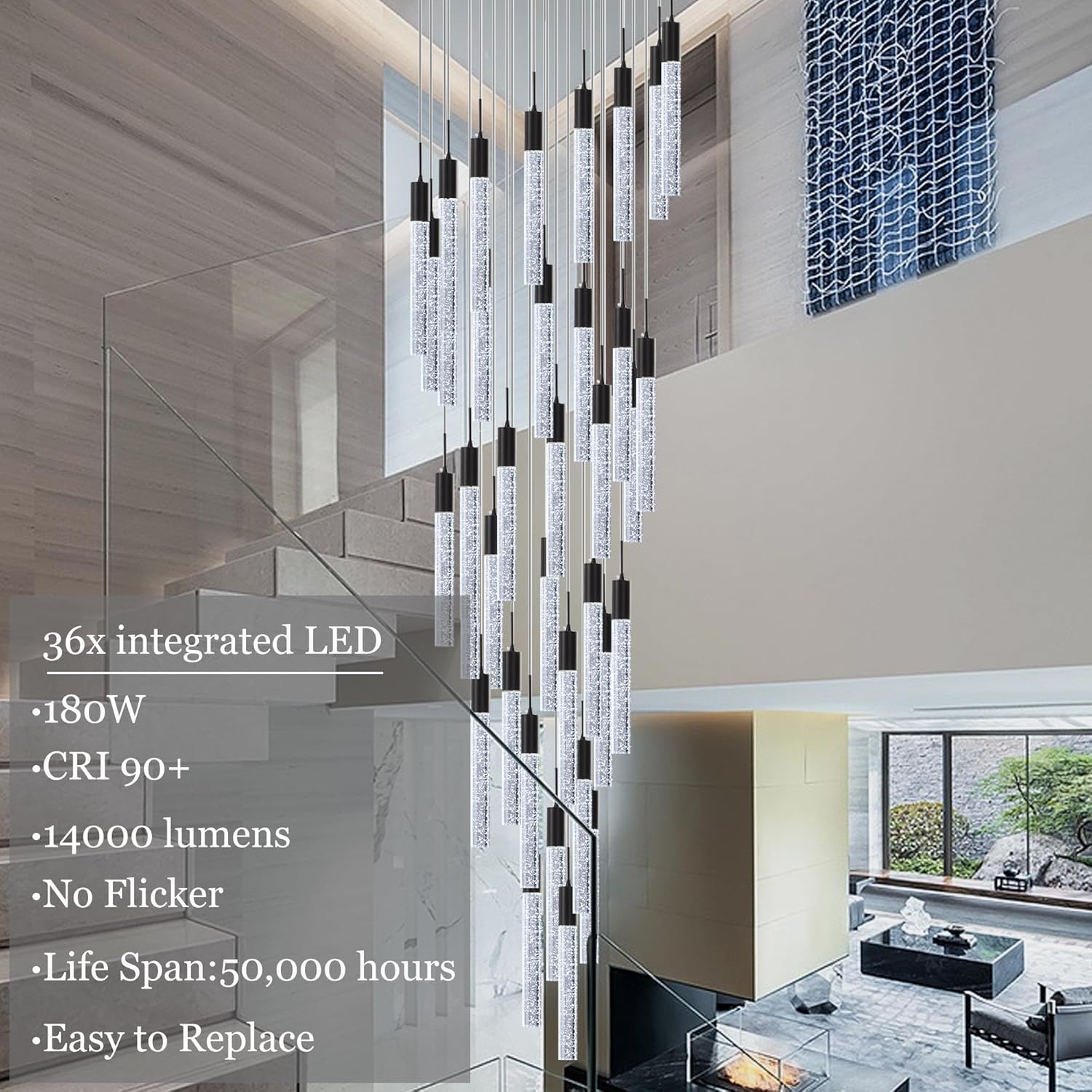 Modern High Ceiling Crystal Foyer Chandelier 36-Lights, H197'' Black Large Spiral LED Bubble Raindrop Lighting Fixture for Staircase Entryway Living Room