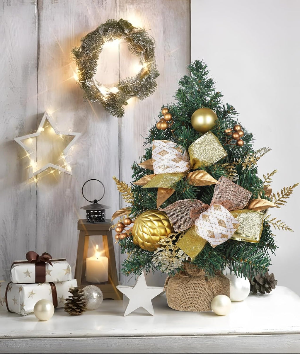 Mini Tabletop Christmas Tree with Ornaments Berries Bows, 19" Small Table Christmas Tree Ready to Use - Christmass Center Piece for Desk, Shelf, Mantel, Entryway, Xmas Tabletop Winter Holiday Decor