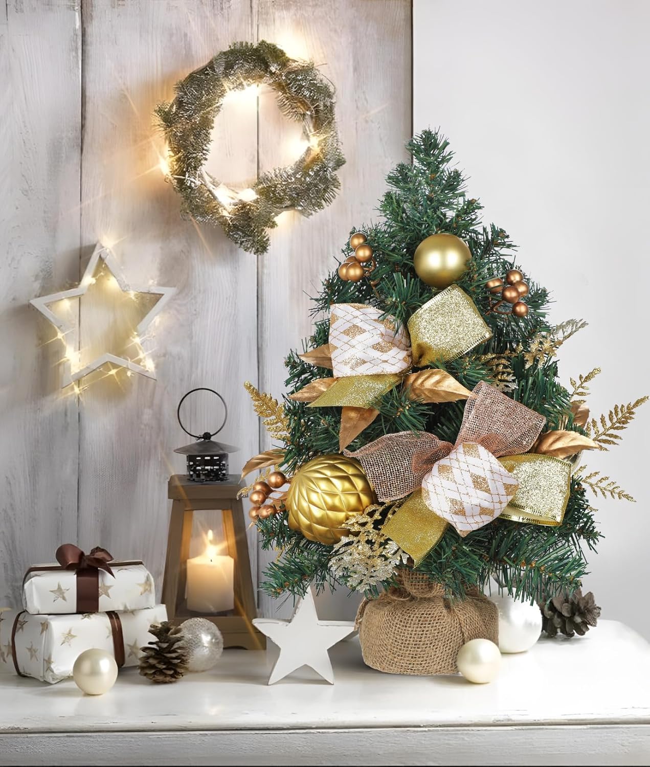 Mini Tabletop Christmas Tree with Ornaments Berries Bows, 19" Small Table Christmas Tree Ready to Use - Christmass Center Piece for Desk, Shelf, Mantel, Entryway, Xmas Tabletop Winter Holiday Decor