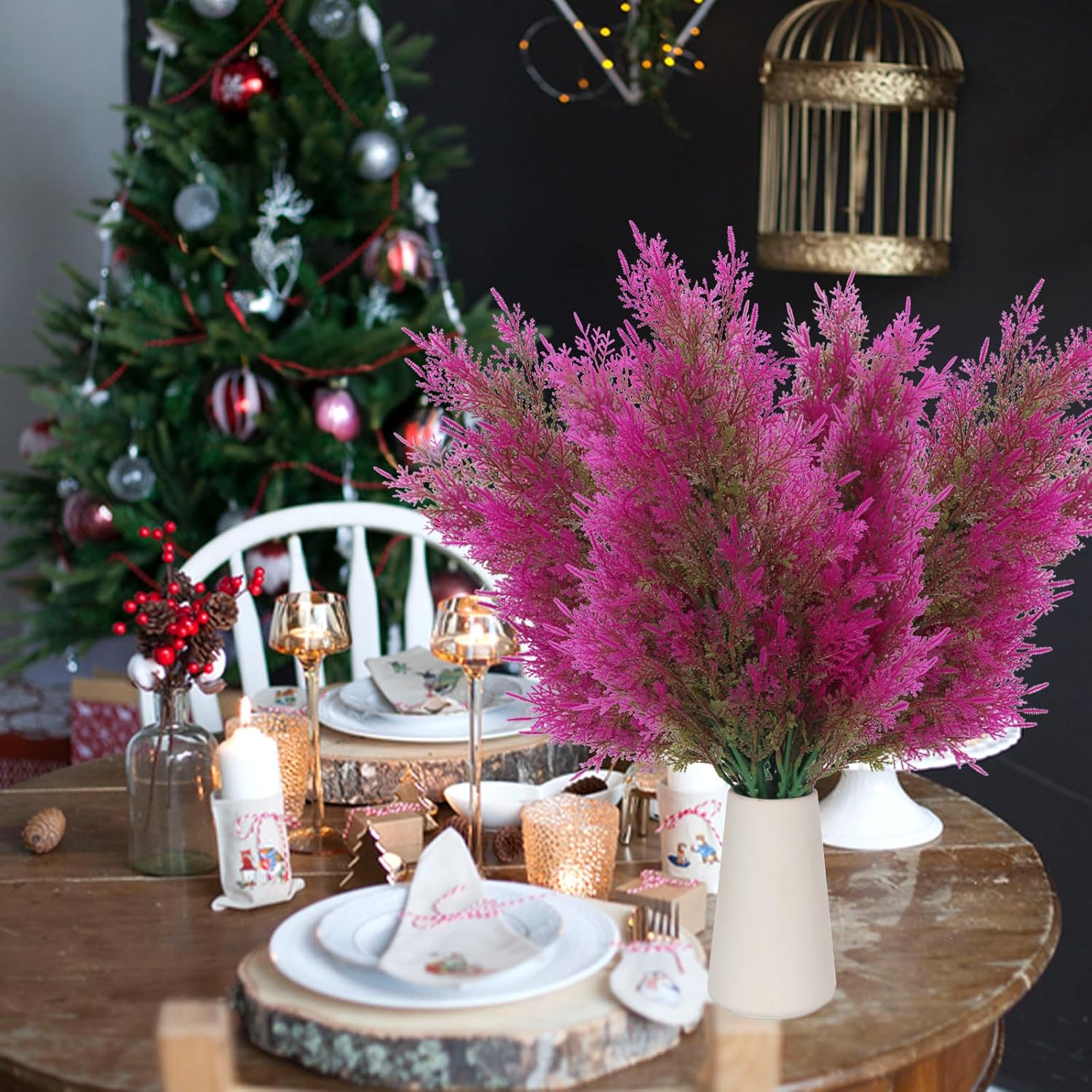 RECUTMS Artificial Pine Branches - Faux Evergreen Pine Leaves Fake Sprigs Christmas Stem Christmas Greenery Picks Decorations for Centerpieces Garland Wreath Craft DIY Home Kitchen Garden(Fuchsia)