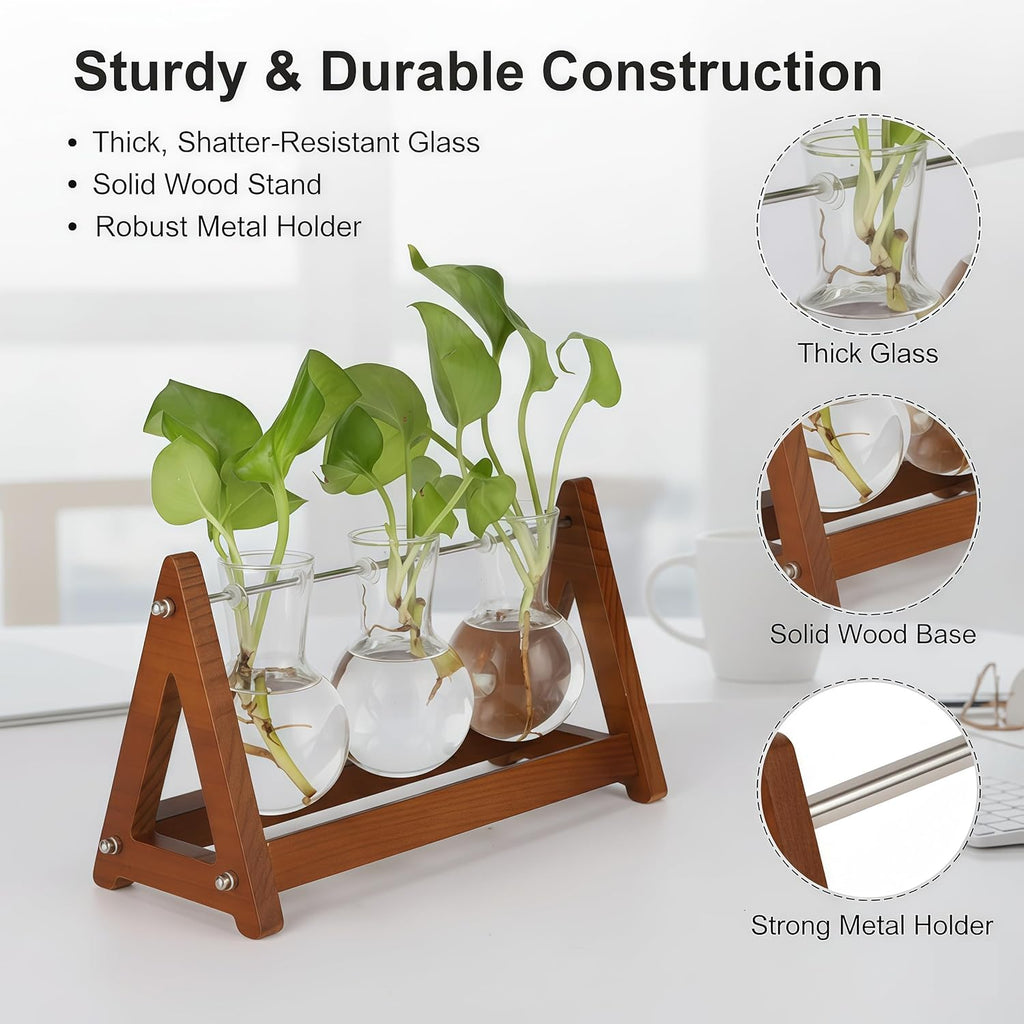 Plant Terrarium with Wooden Stand, 3 Bulb Glass Vase Metal Holder, Retro Hydroponics Planter for Home/Garden/Office Decor, for Women & Mom