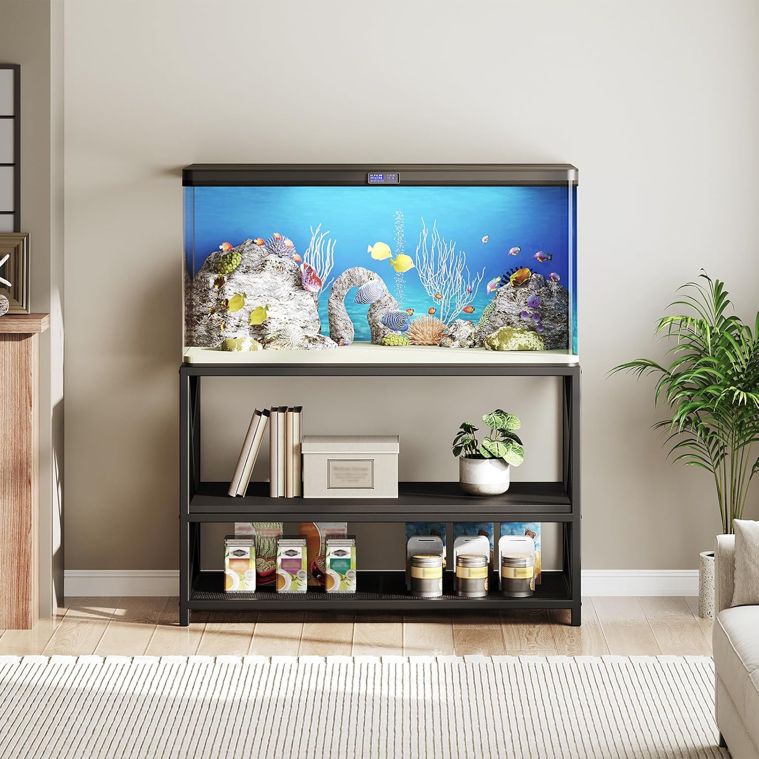 55-75 Gallon Fish Tank Stand with 3-Tier Storage Shelf, Metal Aquarium Stand for Reptile Terrarium Turtle and Breeder Tank Stand, Heavy Duty Metal Frame, Black