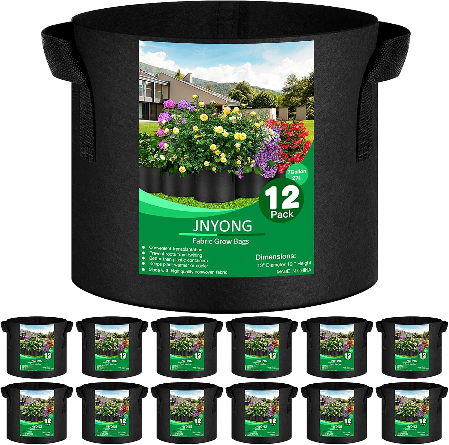 12-Pack 7 Gallon Thickened Non-Woven Grow Bags, Aeration Fabric Pots with Handles