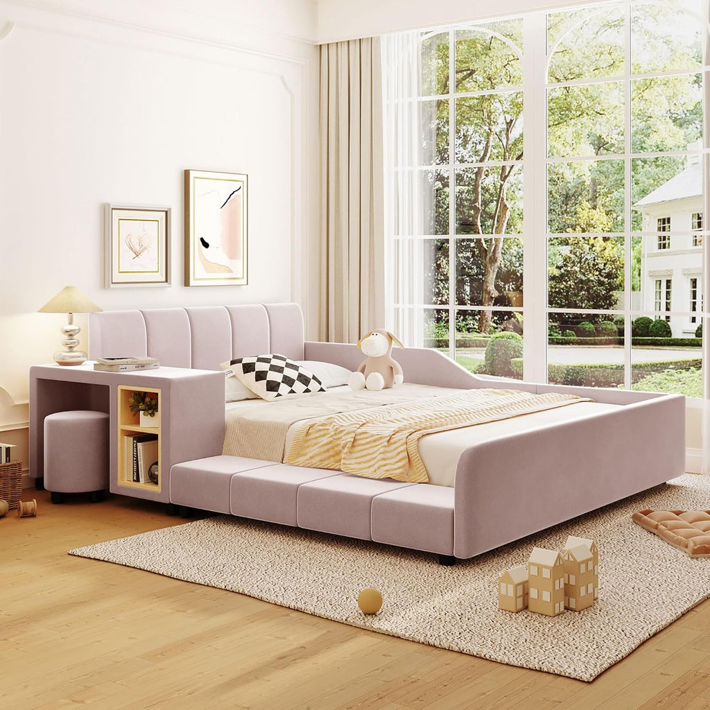 Merax Full Size Velvet Bed Frames Upholstered Grounded Bed, Wooden Mother & Child Bed with Bedside Desk and Little Round Stool,Kids Adults Bedroom Floor Platform Bed,Pink