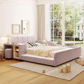 Merax Full Size Velvet Bed Frames Upholstered Grounded Bed, Wooden Mother & Child Bed with Bedside Desk and Little Round Stool,Kids Adults Bedroom Floor Platform Bed,Pink
