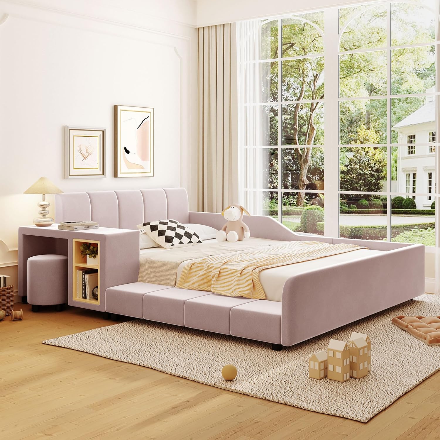 Merax Full Size Velvet Bed Frames Upholstered Grounded Bed, Wooden Mother & Child Bed with Bedside Desk and Little Round Stool,Kids Adults Bedroom Floor Platform Bed,Pink