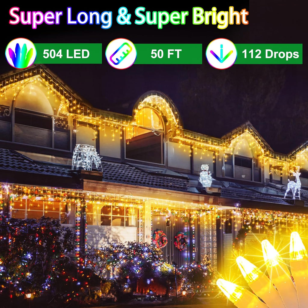 50FT 504 LED Outdoor Christmas Lights - 112 Ice Drops, 12 Pro Modes with Timer Memory & Brightness, Waterproof Hanging Ice String Light for Holiday Wedding Garden Fence House Decor (Warm White)