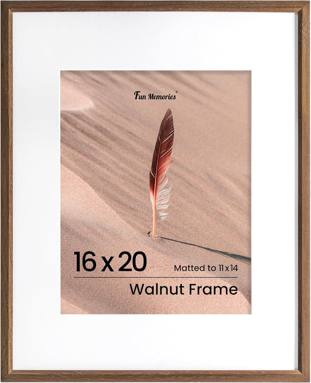 Fun Memories 16x20 Picture Frame, Solid Oak Wood Poster Frames, Modern Photo Frame for Wall 16x20 with 11x14 Mat, High Definition Plexiglass & Wall Hook Included (Walnut, 1 Pack)