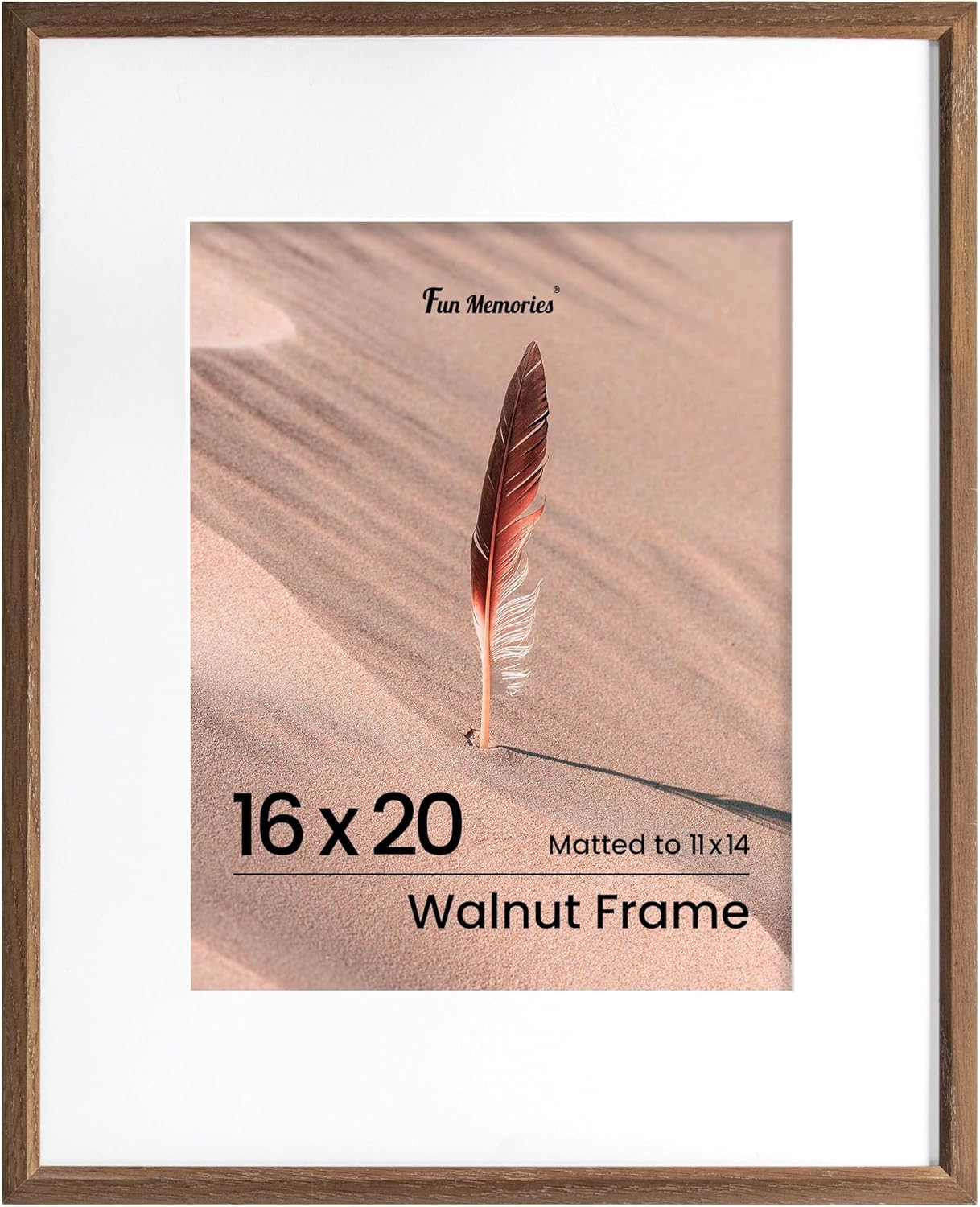 Fun Memories 16x20 Picture Frame, Solid Oak Wood Poster Frames, Modern Photo Frame for Wall 16x20 with 11x14 Mat, High Definition Plexiglass & Wall Hook Included (Walnut, 1 Pack)