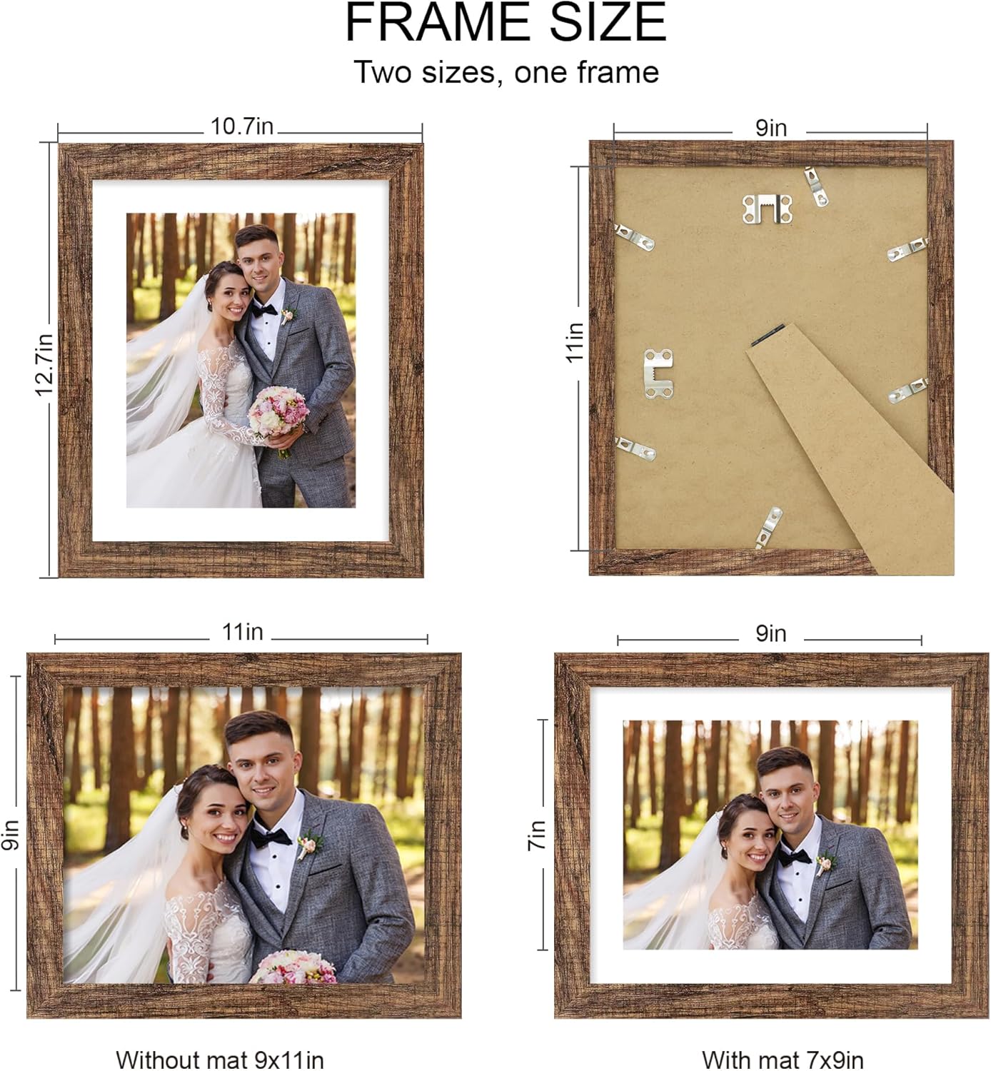 9x11 Picture Frame Set of 4, Made of Real Glass and Rustic Brown Frame - Display Picture 7x9 with Mat or 9x11 Without Mat, 9 by 11 Photo for Wall or Tabletop
