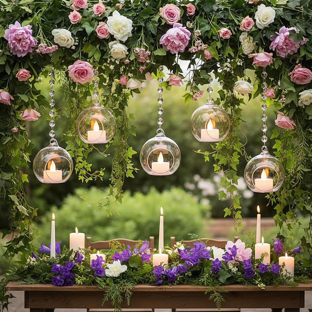 3.15'' Pink Hanging Glass Tealight Holder Globe and Clear K9 Crystal Garland Strands, Hanging Glass Terrarium Containers for Wedding Party Tree Decoration(17 Pcs)