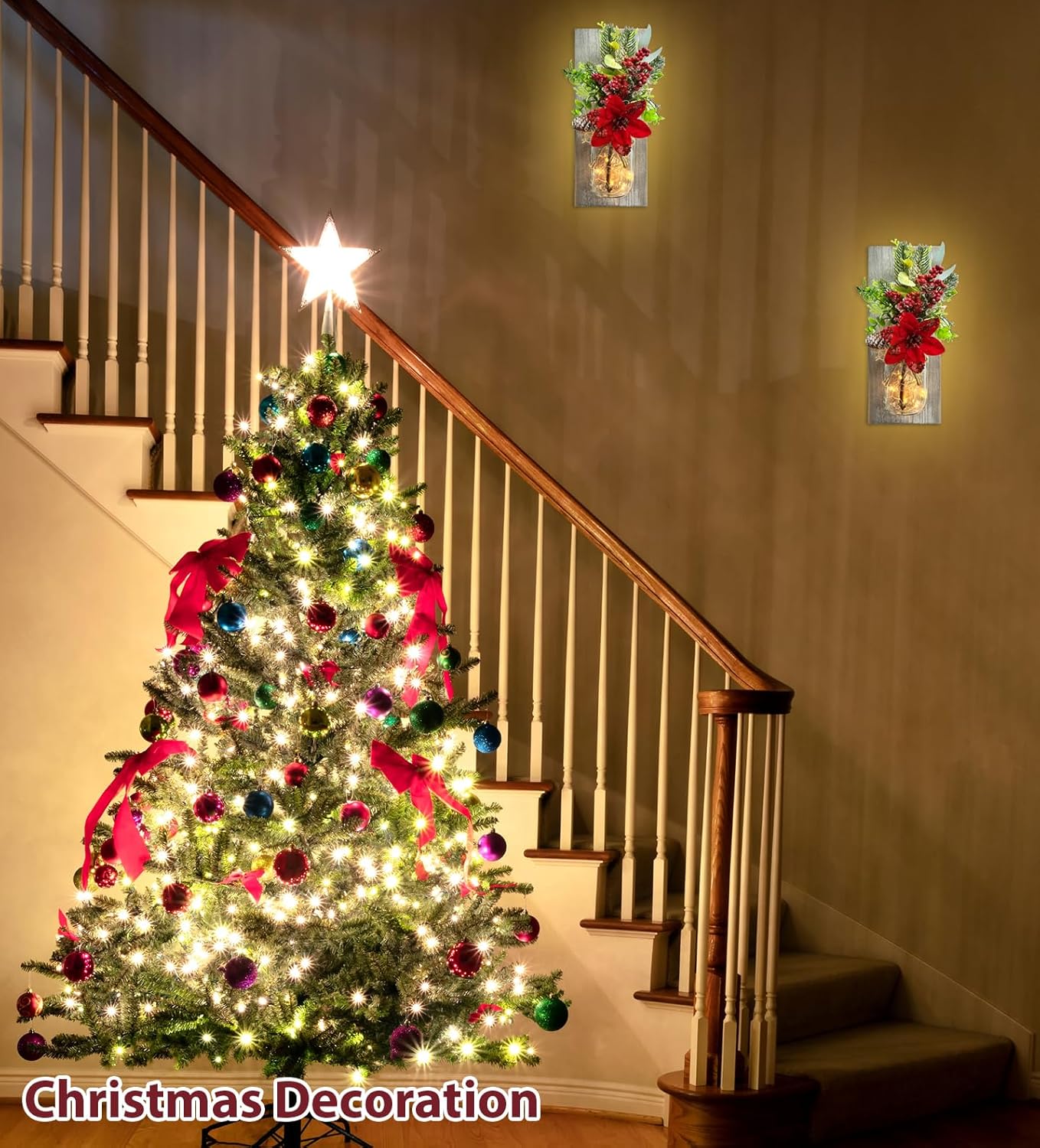 Mason Jars Sconce Decor Rustic Wall Sconces Handmade Wall Art Hanging Design with Remote Control LED Fairy Lights and Red Berry, Xmas Farmhouse Wall Home Decor Living Room Lights Set of Two