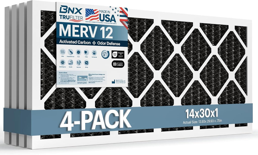 BNX TruFilter 14x30x1 MERV 12 Odor Defense (4-Pack) AC Furnace Air Filter with Activated Carbon - MADE IN USA - Pleated Air Conditioner HVAC AC Furnace Filters - Removes Odor, Mold, Bacteria, Smoke