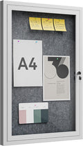 36"x24" Lockable Enclosed Bulletin Board, Outdoor Flet Weather-Resistant Aluminum Frame Notice Board, Wall Mounted Display Case Acrylic Doors for School,Office,Silver Frame w/Grey Flet