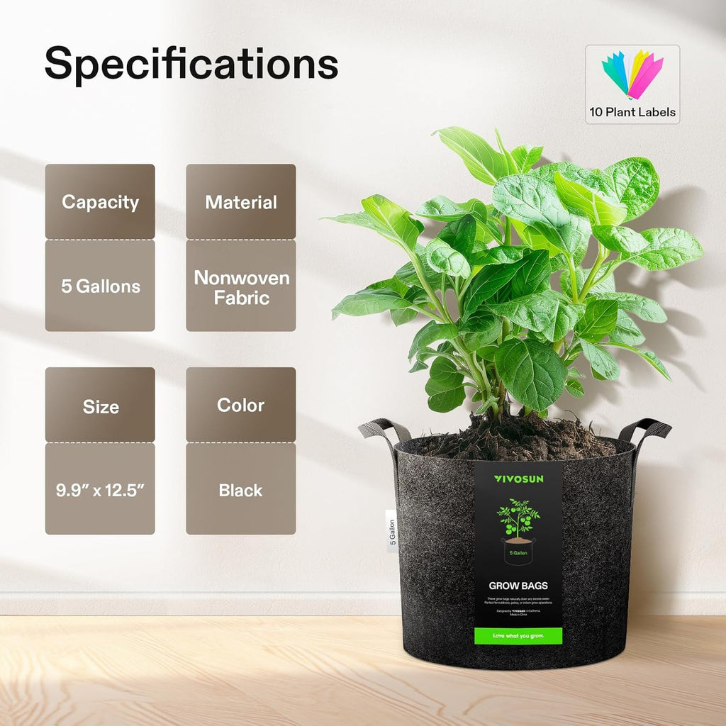 VIVOSUN 20-Pack 5 Gallon Grow Bags, Heavy Duty Thickened Nonwoven Fabric Pots with Handles for Flowers Fruits and Vegetables Black