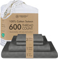 Threadmill 100% Cotton Sheets for Full Size Bed - 600 Thread Count Full Bed Sheets Set with 16” Deep Pocket - Jacquard Sateen Weave 4-Piece Bedding Set with Cooling Effect, Dark Grey