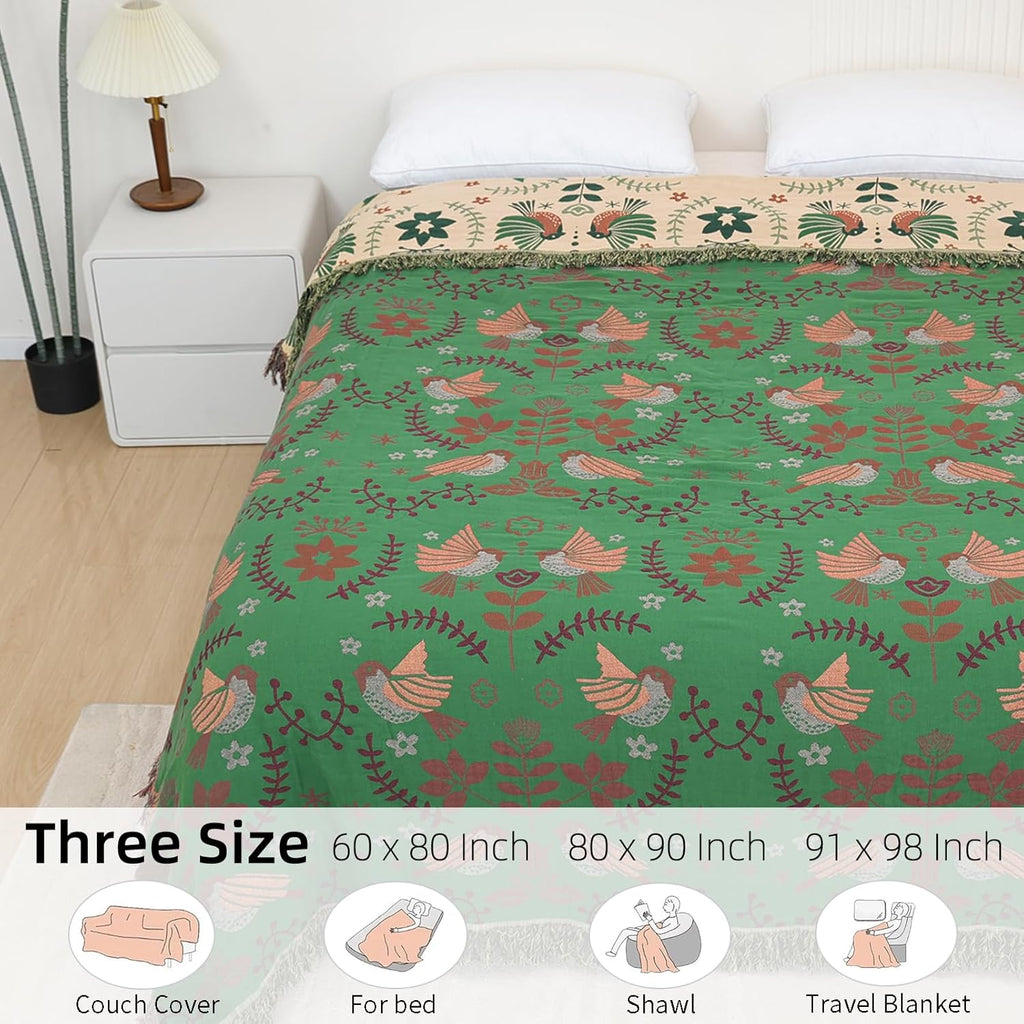 Boho Throw Blanket for Bed, 100% Pure Cotton Ultra Soft Rustic Quilt, Farmhouse Decor Bed Blankets, All Season Rustic Throw for Sofa Couch Chair(60"×80", Bird B)