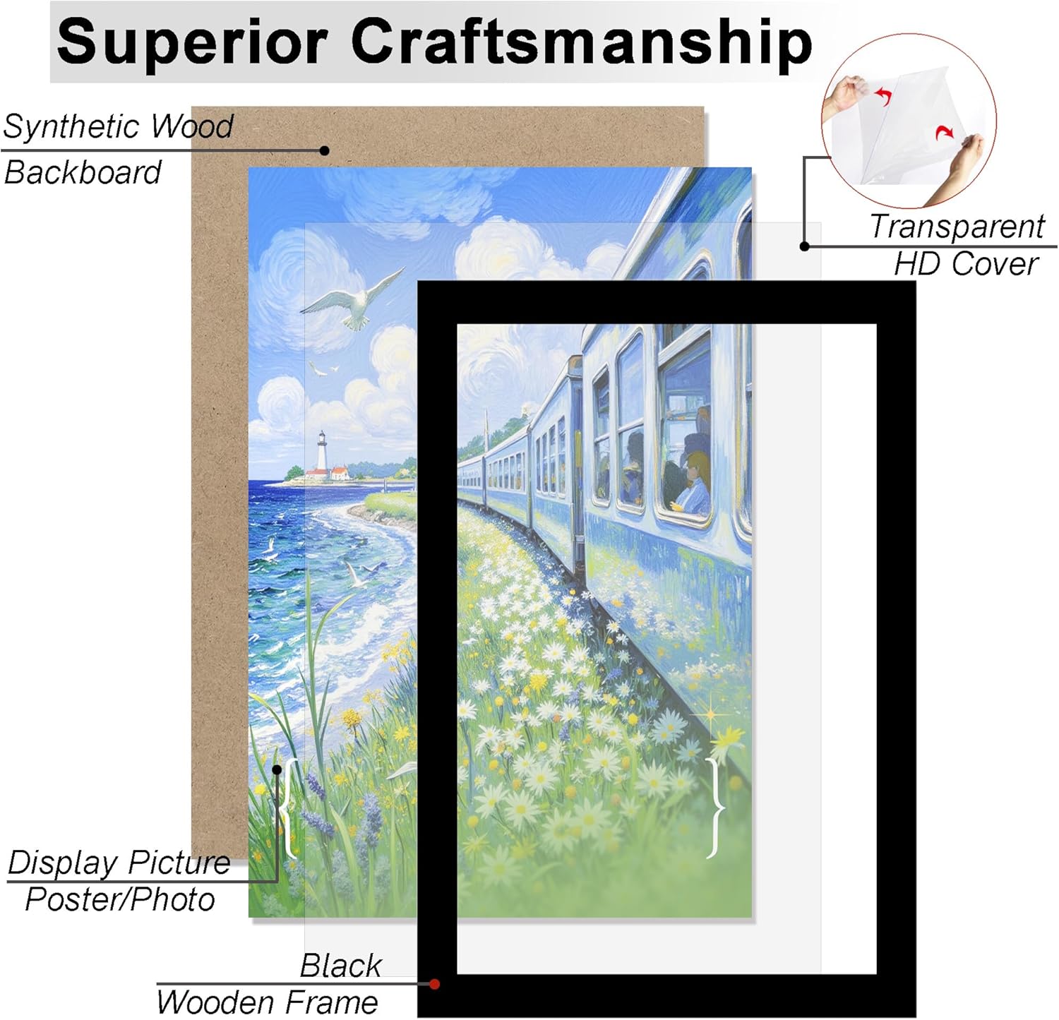 KTKDE 11x22 Poster Frame Black Woodgrain set of 3,11 by 22 Newspaper Frame with Polished Plexiglass,Studio Gallery Vertical & Horizontal Wall Hanging Large Picture Frame for Photos