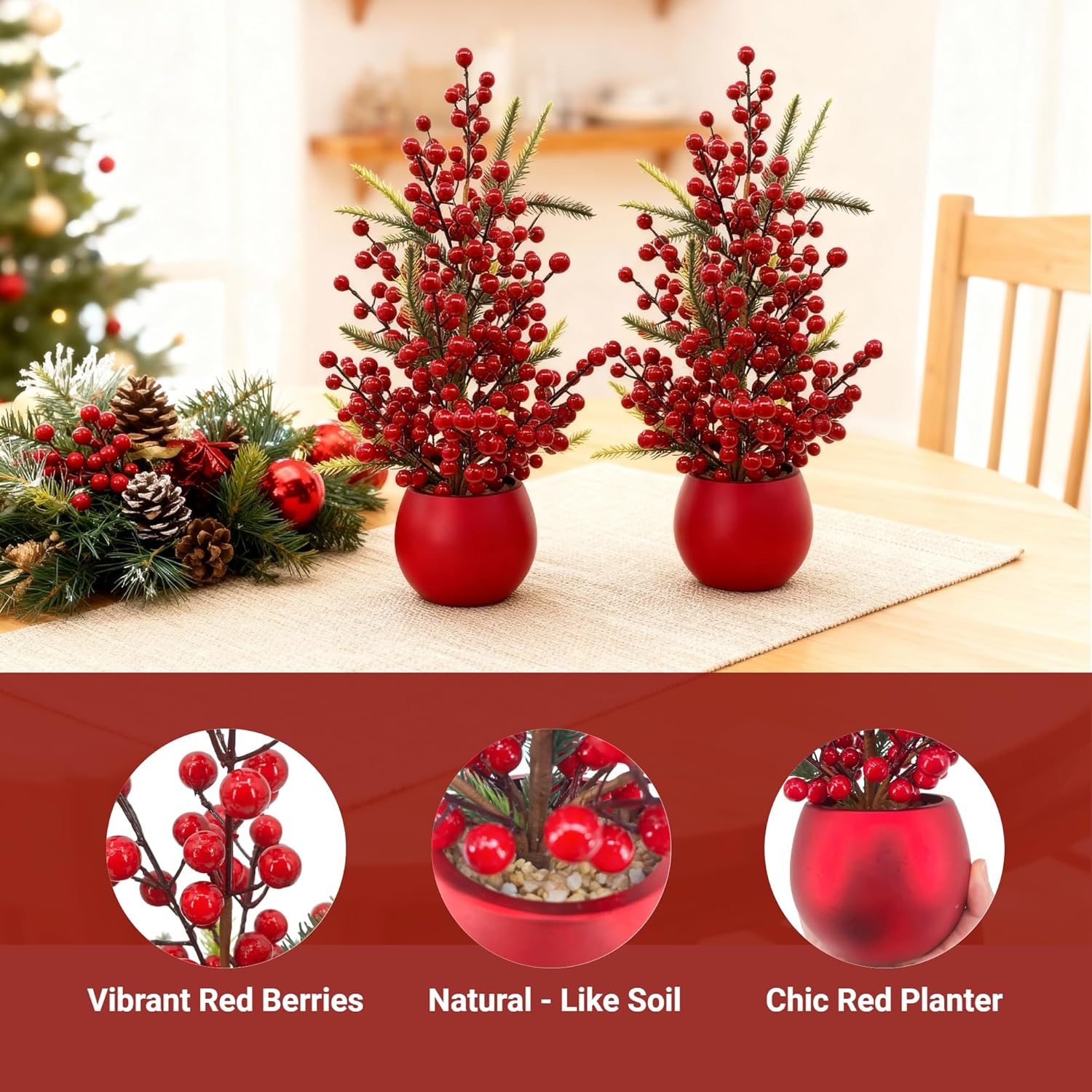 Set of 2 Small Artificial Christmas Berry Trees, 19 Inch Tabletop Holiday Decorations – Red Berry & Pine Mini Christmas Trees with Decorative Pot for Home, Office, Fireplace, Dining Table Winter Décor