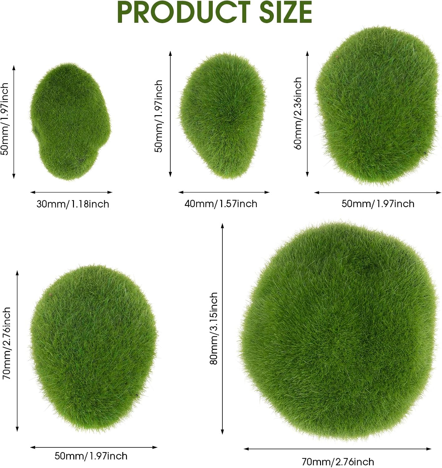 60 PCS 5 Size Artificial Moss Rocks Decorative, Green Moss Covered Stones, Fake Moss Ball Decor for Floral Arrangements, Fairy Gardens and Crafting